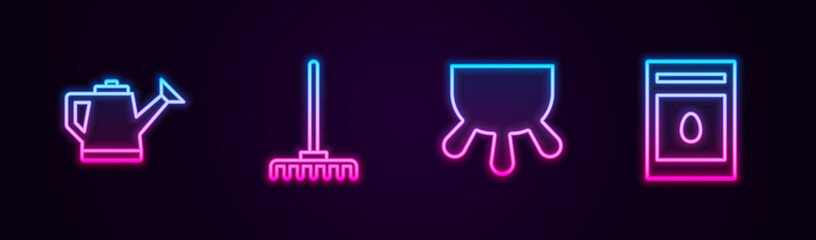 Set line Watering can, Garden rake, Udder and Pack full of seeds of plant. Glowing neon icon. Vector