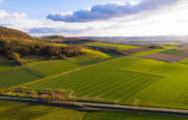 View of drone of landscape of river Weser and village Doelme  in Germany .