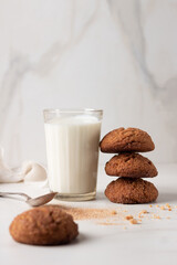 Freshly Homemade baked ginger cookies with cinnamon, sugar and glass of milk on light marble background. 
