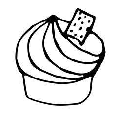 Cupcake with cookie, vector illustration, doodle hand drawn