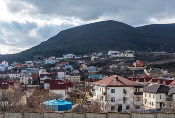 Fototapeta na wymiar Panoramic view of small village Myskhako located on the Black Sea coast near Koldun mountain.