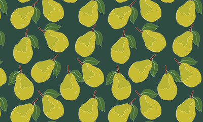 Green pears fruit with leaf vector seamless repeating pattern. Greate as a textile print, fabric, wallpaper, scrapebooking, background or packaging, giftwrap. Surface pattern design.