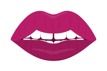 Plump lips. The seductive mouth is slightly open. Colored vector illustration. Flat style. An even row of snow-white teeth with a chink in the middle. Luscious lipstick shade. Isolated background.