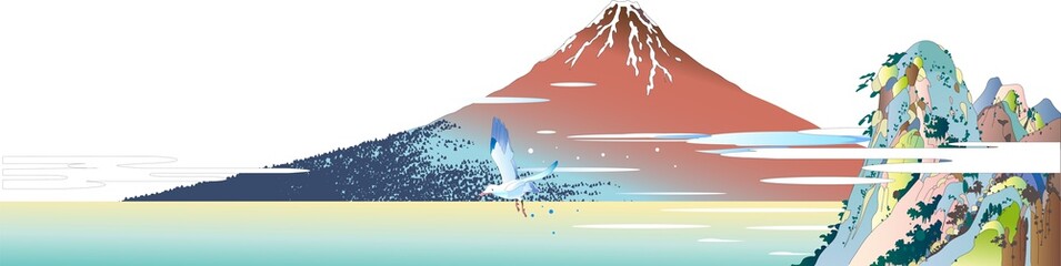 浮世絵風の富士山の夏の風景