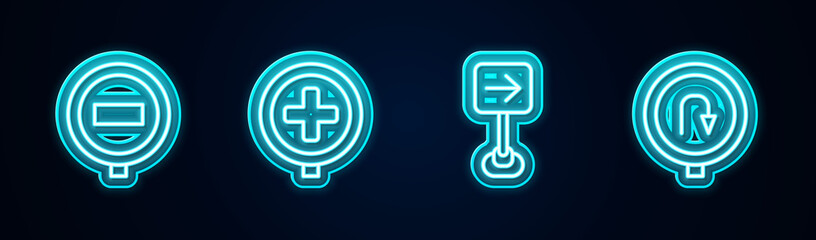 Set line Stop sign, Hospital road traffic, Traffic turn right and Turn back. Glowing neon icon. Vector