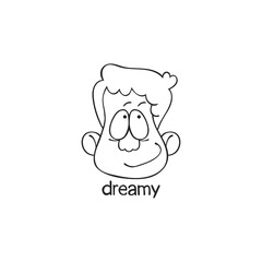 Dreamy. Emotion. Human face. Cartoon character. Isolated vector object on white background.
