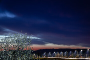 Time lapse of clouds over the city with cherry tree in a front