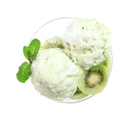 Delicious green ice cream with mint and kiwi in glass dessert bowl isolated on white, top view
