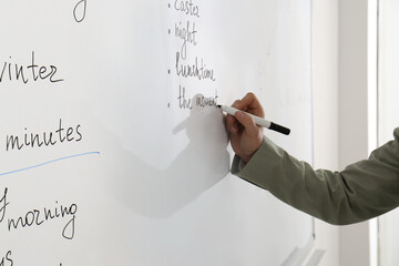 English teacher giving lesson near whiteboard, closeup