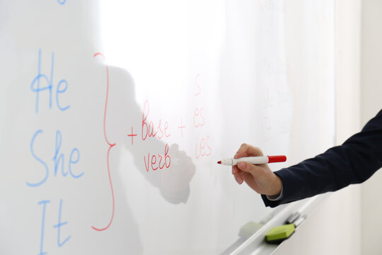 English teacher giving lesson near whiteboard, closeup
