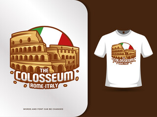 The Colosseum landmarks and flag of italy vector illustration with text effect and t shirt design template
