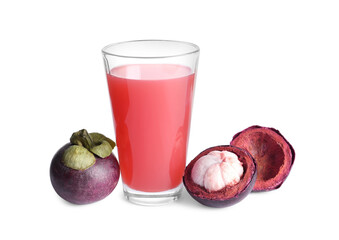 Delicious mangosteen juice and fresh fruits on white background