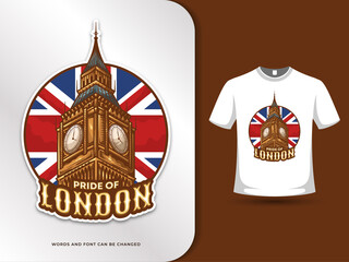 Big Ben London landmarks and flag of the United Kingdom. Vector with text effect and t shirt design template