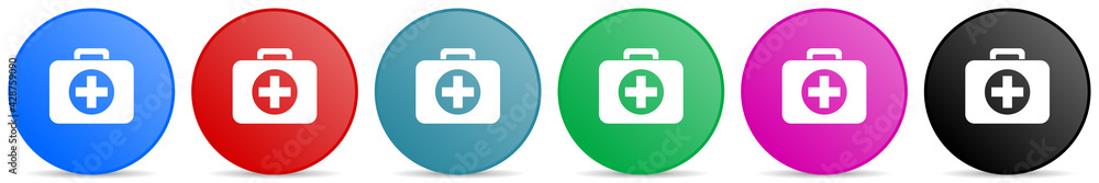 Poster first aid vector icons, set of circle gradient buttons in 6 colors options for webdesign and mobile 