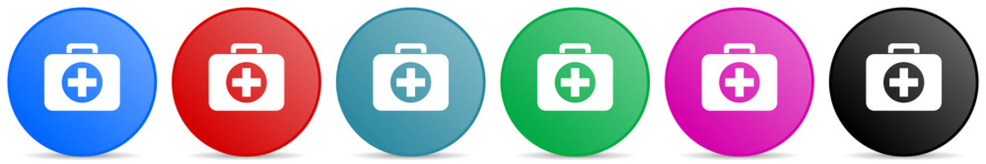 Obraz premium First aid vector icons, set of circle gradient buttons in 6 colors options for webdesign and mobile applications