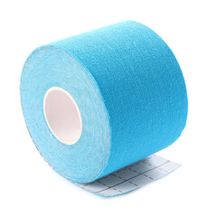 Light blue kinesio tape in roll on white background