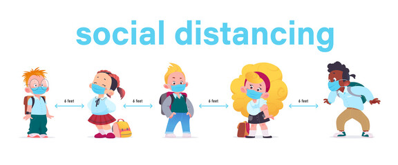 Concept of new virus protection social distance for pupils. School kids boys and girls characters in facial masks isolated on white background. Vector flat cartoon illustration. 