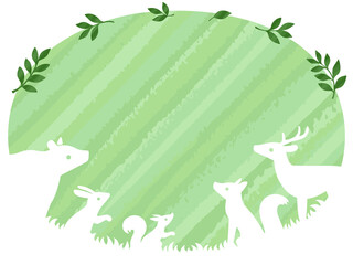 森の動物達のシルエットと植物のフレーム（手描き風）