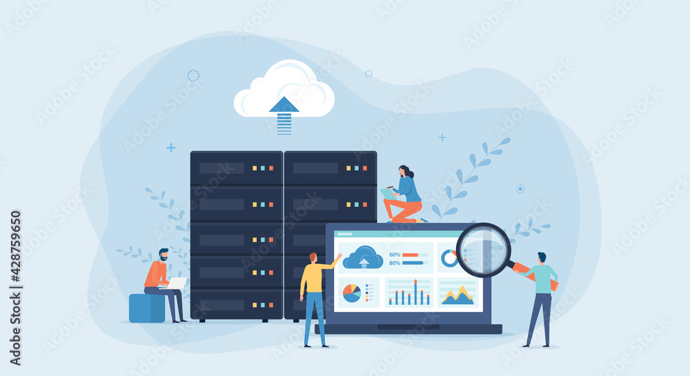 Aufkleber business technology cloud computing service concept and datacenter storage server connect on cloud with administrator and developer team working on dashboard monitor concept