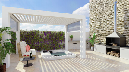 3D illustration of urban terrace with white pergola and outdoor jacuzzi - obrazy, fototapety, plakaty