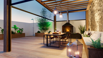 3D render of urban patio at twilight with fire place and wooden table