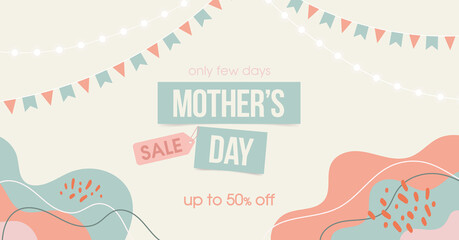 Mother's day web sale banner. Spring pastel colored banner congratulation to mother's day. Vector illustration. 