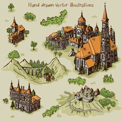 Hand drawn art settlements for cartography map work with colorful buildings and landscape from Transylvania architecture