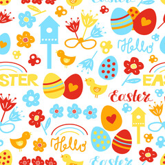 Seamless pattern with a Eggs, flowers, birds and hand written words