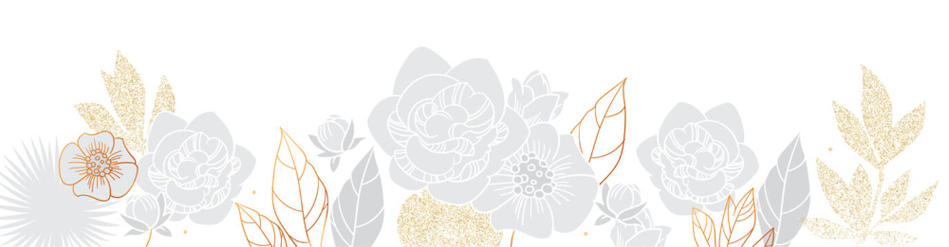 Elegant hand drawn gold flower art design. Trendy blossom background.