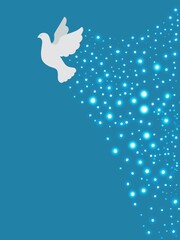 Cartolina religiosa cristiana colomba bianca nel cielo vola. Stelle. Luce bella