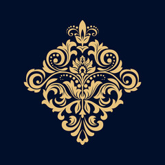 Damask graphic ornament. Floral design element. Dark blue and gold vector pattern