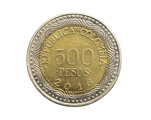 Colombia five hundred pesos coin on a white isolated background