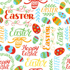 Seamless colorful pattern with a Wreath, flowers , eggs hand written Happy Easter.
