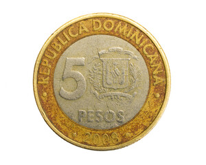 Dominican Republic five pesos coin on white isolated background