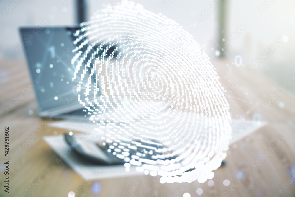 Poster multi exposure of virtual abstract fingerprint illustration on calculator and laptop background, dig