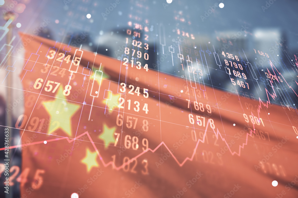 Poster abstract virtual analytics data spreadsheet on chinese flag and skyline background, analytics and an