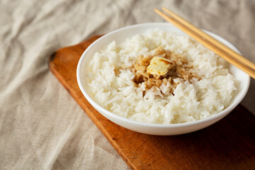 Homemade Japanese Butter Sauce Rice, side view. Copy space.