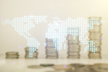 Fototapeta premium Double exposure of abstract digital world map on growing stacks of coins background, research and strategy concept