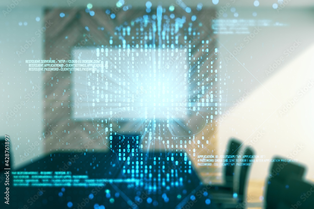 Poster abstract virtual code skull hologram on a modern coworking room background, cybercrime and hacking c