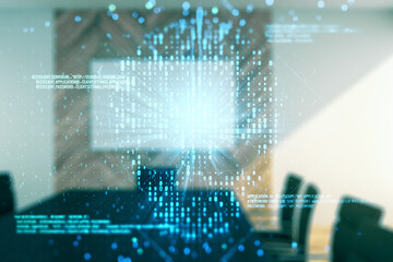 Abstract virtual code skull hologram on a modern coworking room background, cybercrime and hacking...