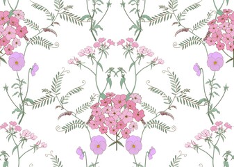 Floral ornament with art deco phlox. Seamless vector pattern for fabric and wallpaper.