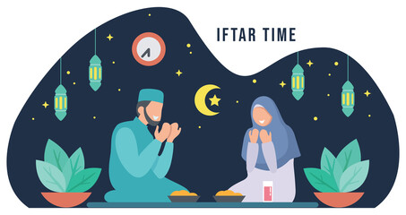 Iftar time with Family during Ramadan month, Ramadan Fasting vector illustration.