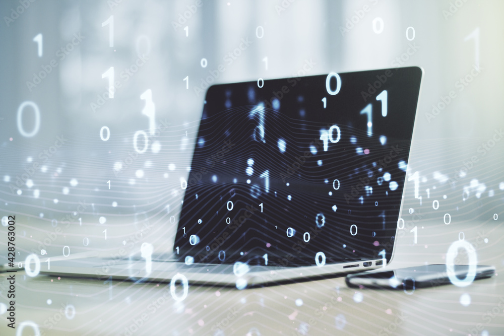 Poster creative concept of binary code illustration on modern laptop background. big data and coding concep
