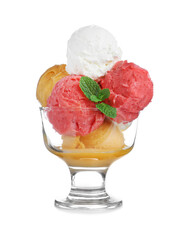 Delicious colorful ice cream with mint in glass dessert bowl isolated on white