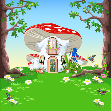 The fairy tale of a house in a fly agaric with a balcony, a door and windows stands in a forest blooming meadow. Vector illustration of a fairy tale on the background of a beautiful landscape.