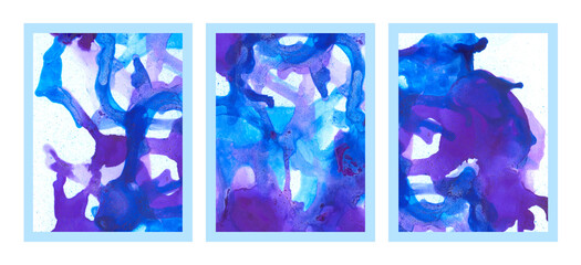 Abstract art background set of blue ink paint hand drawn illustration