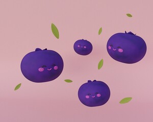 Cartoon cute blueberry with face and cheeks 3d render illustration