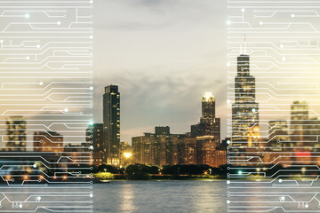Double exposure of abstract virtual circuit hologram on Chicago city skyscrapers background. Research and development hardware concept