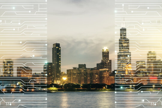 Double exposure of abstract virtual circuit hologram on Chicago city skyscrapers background. Research and development hardware concept
