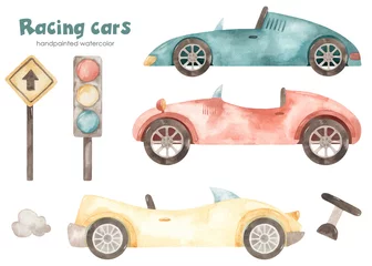 Vlies Fototapete Cartoon-Autos Watercolor children's set with racing cars, traffic light, pointer, steering wheel, boy